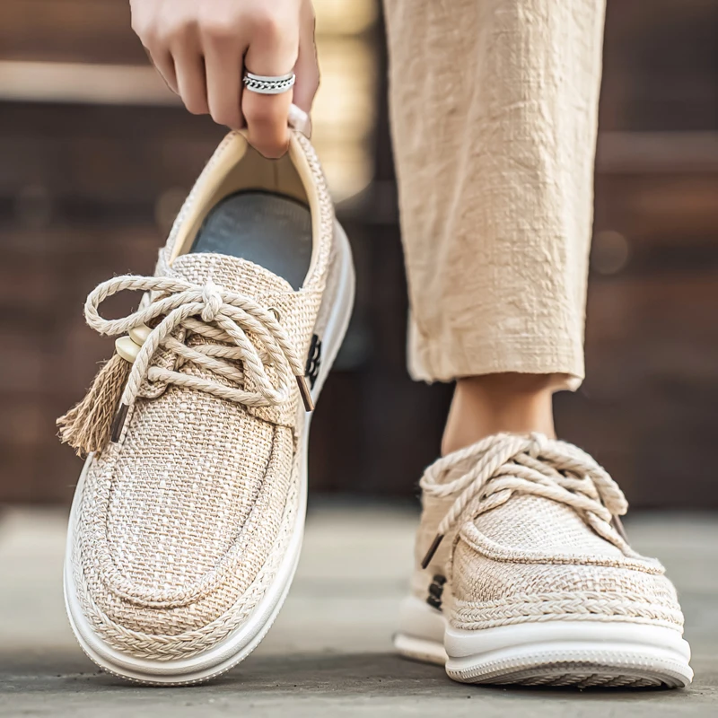 Men's Summer New Style Thin Breathable Retro Fisherman Canvas Shoes Soft Bottom Young Casual Driving Linen Shoes Slip-On Loafers
