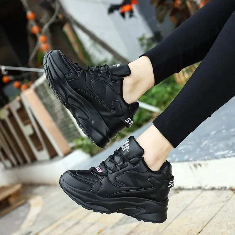 Women Inner Height Increasing Casual Sneakers Fashion Leather Four Seasons Running Shoes Ladies Thick Bottom Sport Walking Shoes