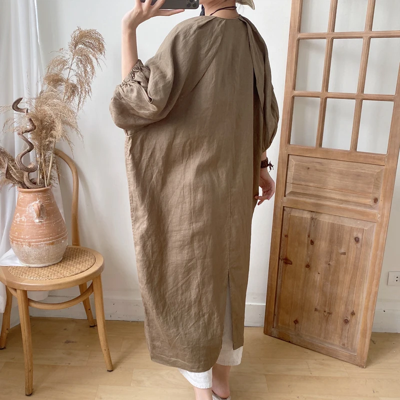 Johnature Summer New Long Vintage Linen Trench 2024 Casual V-neck Single Button Loose Slits All Match Women Coats