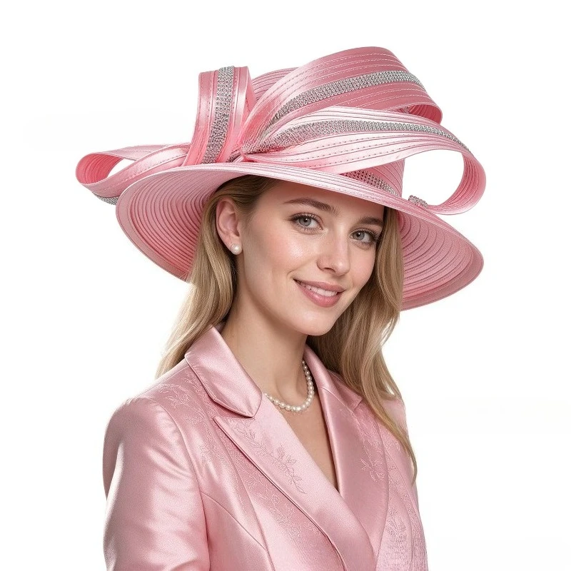 Deluxe New White Church Hat Party Banquet Satin Cloth Photography Hats Premium Chains Formal Hat Flower Top Cap For Women Ladies