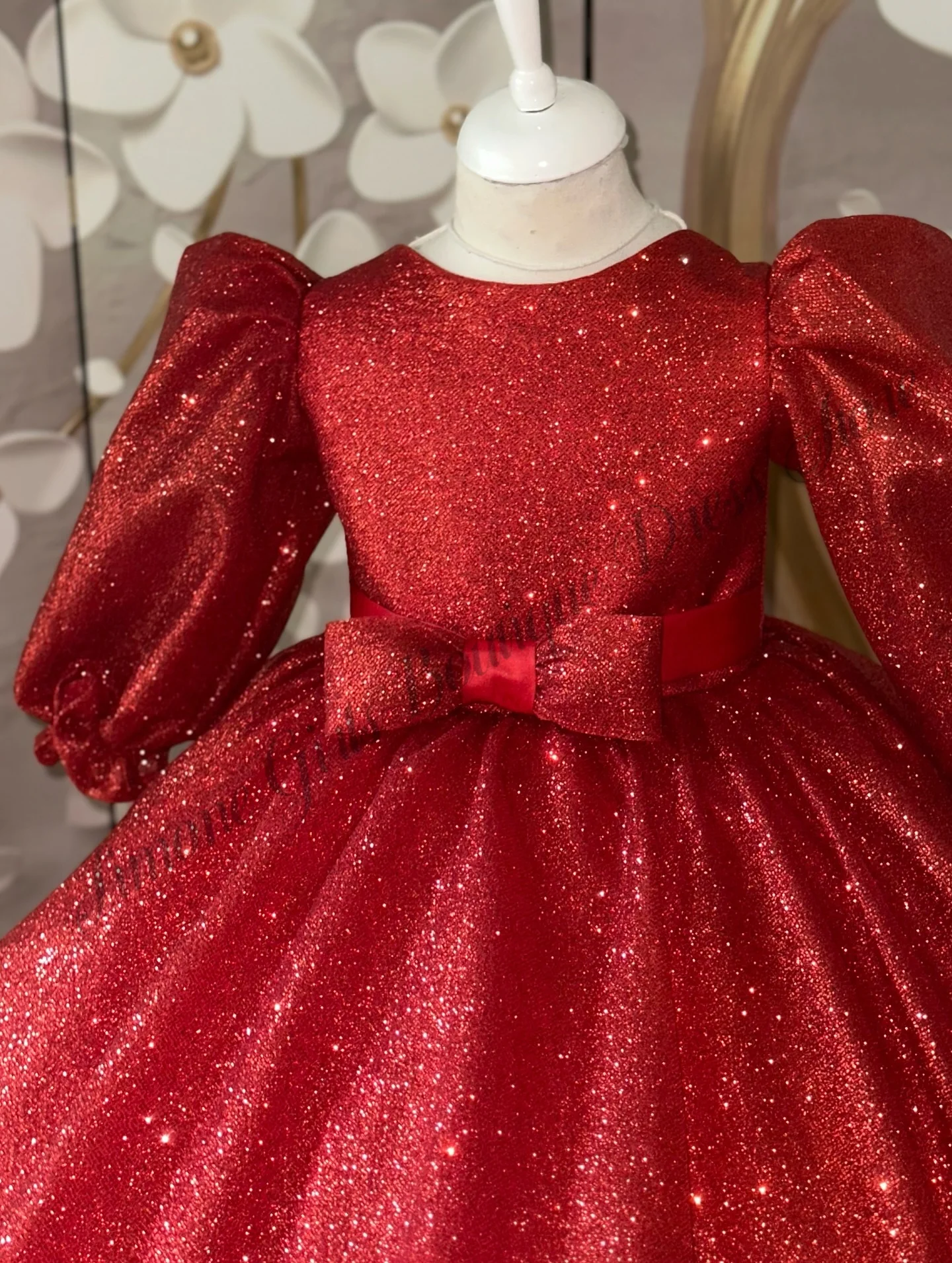 Shiny Red Sequines Flower Girl Dress For Girls Fashion Puff Sleeves Long Wedding Birthday Party Dress Latest Formal Pagent Gown