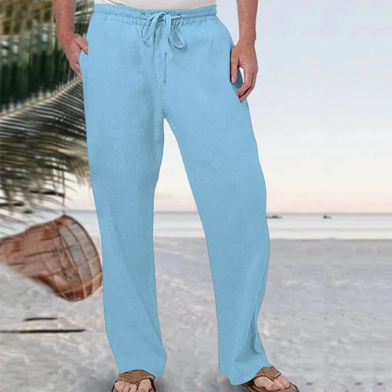 Summer Men's Oversized Wide Leg Cotton Linen Pants Artistic Style Elastic Waist Solid Color Casual Loose Fit