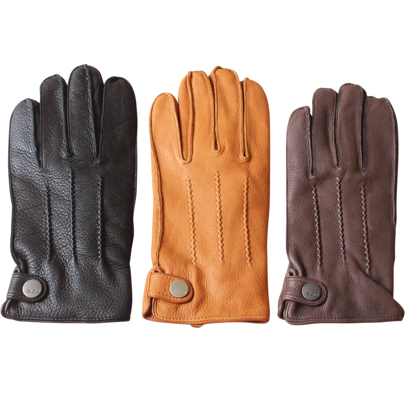 High-End Deerskin Leather Gloves Men European American Winter Warm Wool Lining Thickened Light Luxury Business Mitt Cold Protect