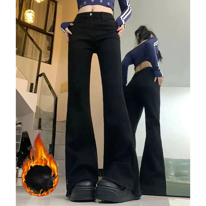 Winter Lady Fashion High Waist Plush Thermal Jeans Girls Classic Solid Fleece Trousers Women Korean Thin Denim Flared Pants