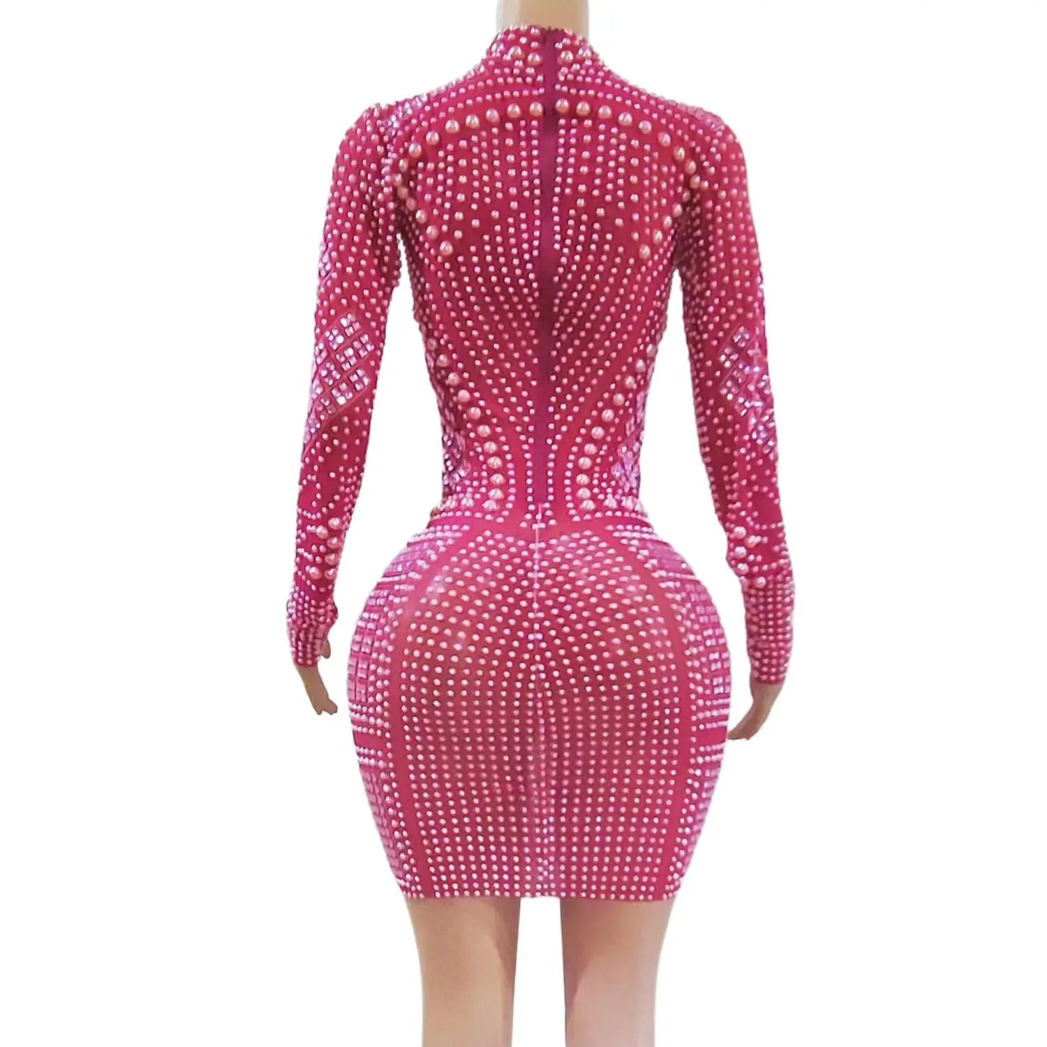Weixiao Womens Luxury Hot Pink Pearl Rhinestone Sheer Mesh Mini Dress Long Sleeve High Neck Bodycon Party Club Stage Outfit