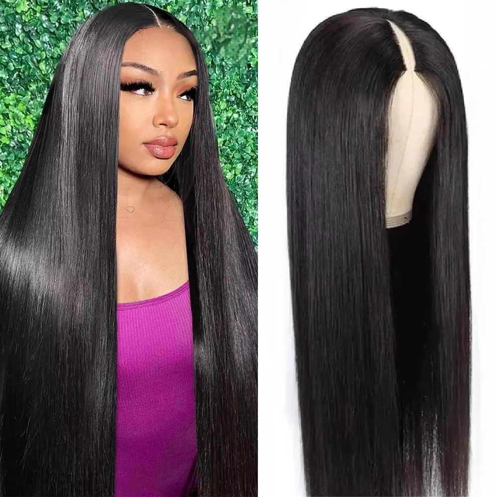 Natural Color Straight V Part Wig Machine Made V Shape Wig No Leave Out Clip In Half Wig 180 Density Beginner Friendly For Women