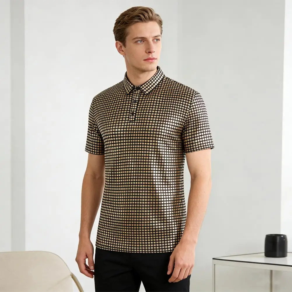 Men Glittery Short Sleeve Shirt Turndown Collar Disco Party Top Nightclub Stage Performance Dance Clubwear Fashion Male Tee