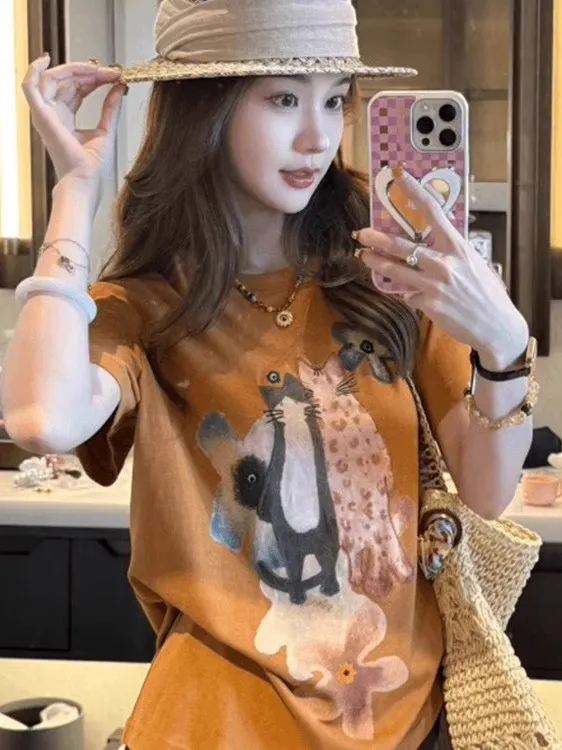 슬림핏 한국 스타일 레이지 탑 슈퍼 유니크 라운드넥 프린트 티셔츠 여름 출퇴근 패션 독창적인 패턴