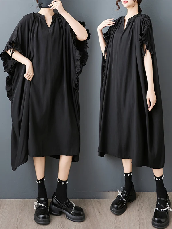 Sommer Neue plus Größe Lose V-Ne Batwing Sve Dr Abnehmen Bauch Bedecken Personali Lange Dr Casual Sle Midi Rock