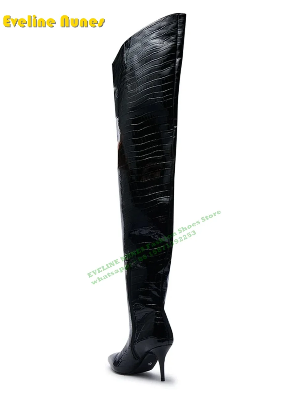 Black Croc-Pattern Splicing Over The Knee Boots Pointed Toe High Heels Sexy Street Style Women Party Shoes Spicy Girl Big Size