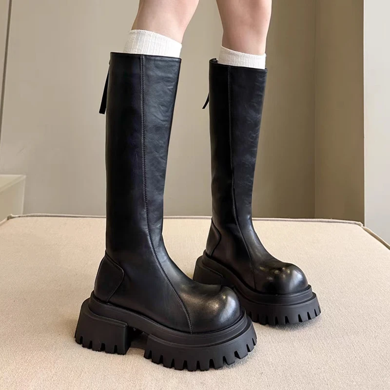 

Women Knee High Boots Flats Platform Shoes Winter Fur Snow Boots 2025 Fashion Leather Shoes Warm High Boots Casual Zapatos Lady