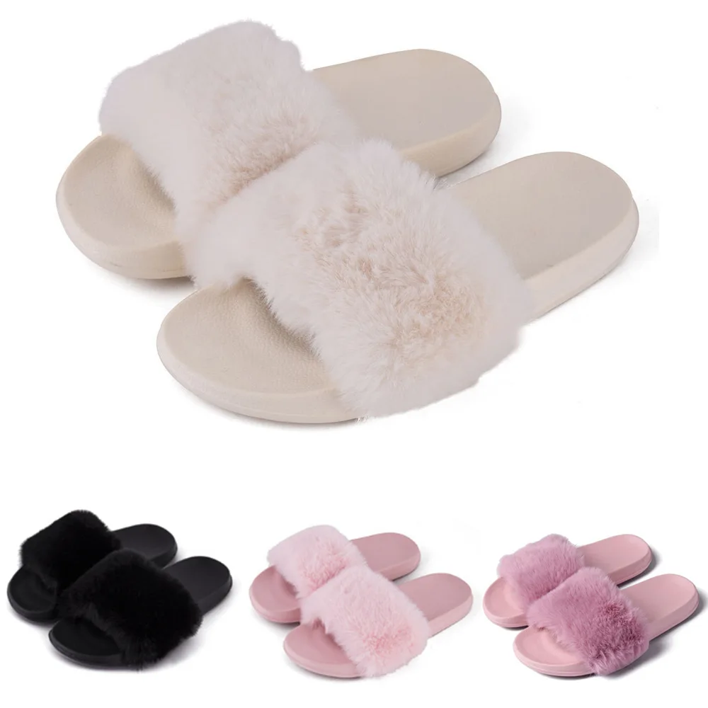 Summer indoor shoes ladies comfortable flat solid color open toe flip flops fake fur fox fur slippers