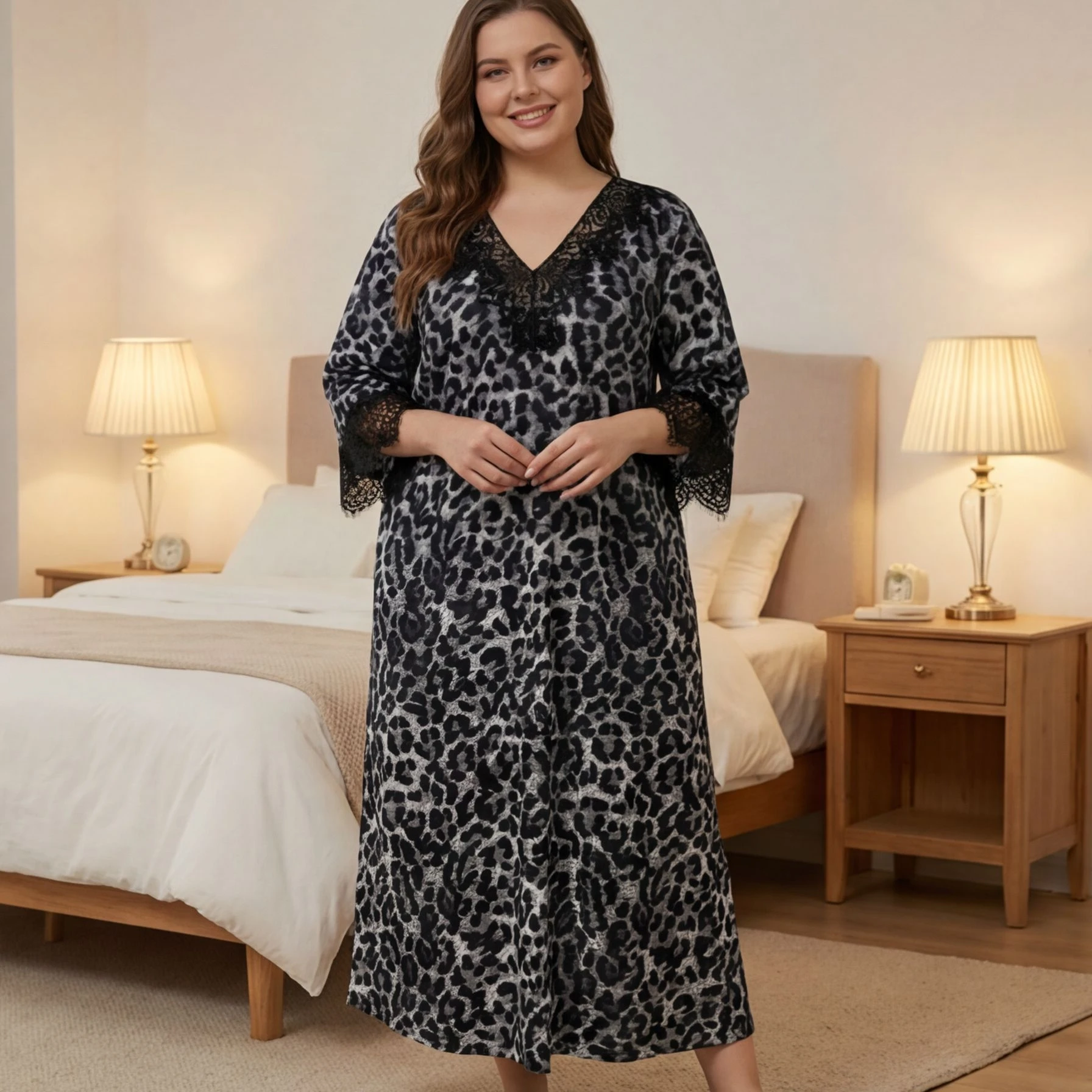 Women Plus Size Leopard Nightdress Lace Splicing V Neck 3/4 Sleeve Long Loose Spring Autumn Loungewear