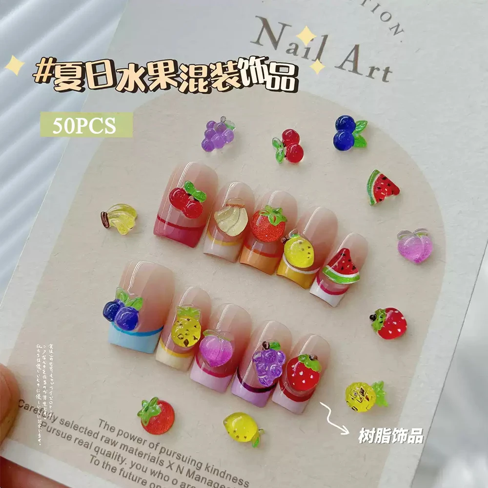 50pcs 3D Mixed Fruit Series Nail Art Charms Kawaii Cherry Strawberry Honey Peach Watermelon Nail Decor Resin Nail Accessories