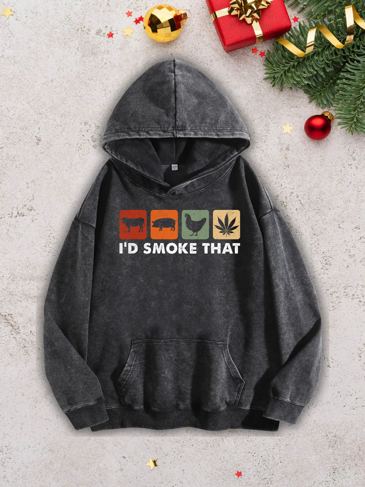 

I'D Smoke That Men's Heavyweight Hoodie - Acid Wash Retro Black Pullover, Fall & Winter Sweatshirt 400Gsm