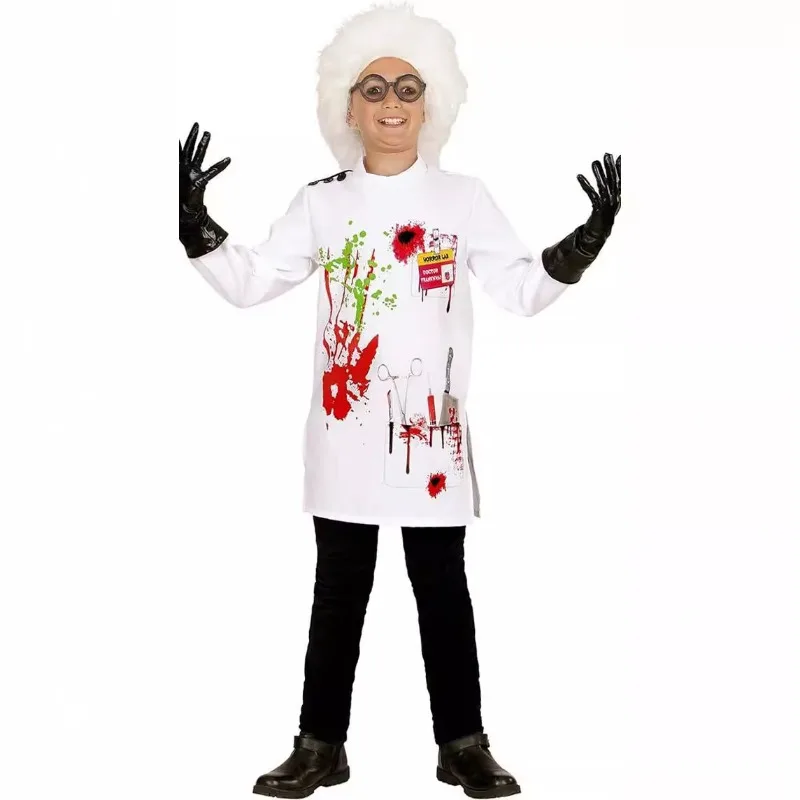 Kids Mad Crazy Scientist Costume for Boys Girls Evil Doctor Lab Coat Outfit Cosplay Halloween Professional Performance Clothes