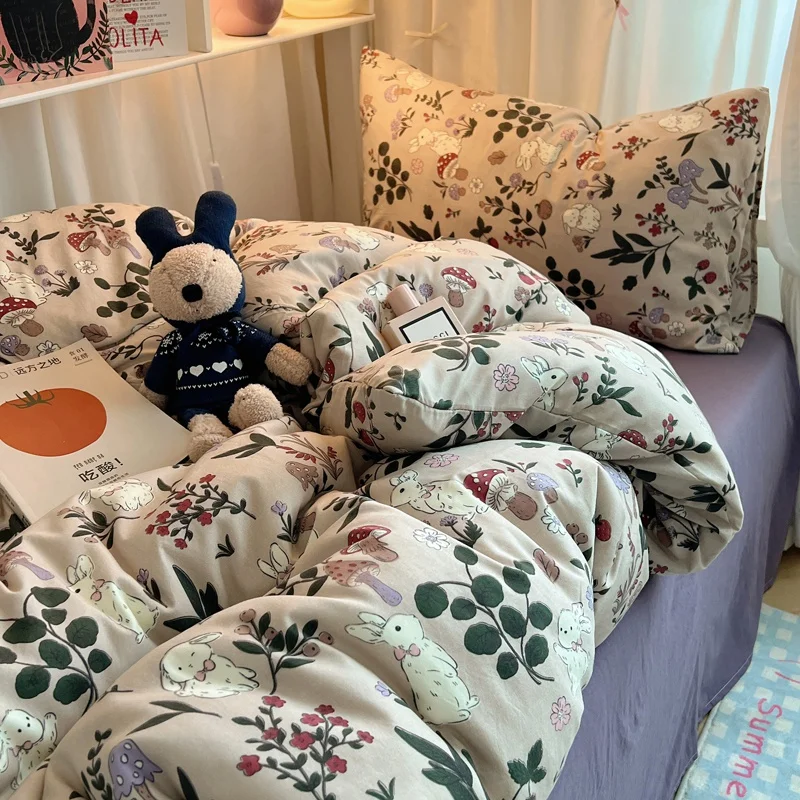 Bettwäsche-Set, doppellagiges Garn, INS, für Mädchen, Pilz, weiche gewaschene Baumwolle, Bettlaken, Queen-Size-Bett, Bettwäsche-Set, Kissenbezug, Bettlaken – Detail 8