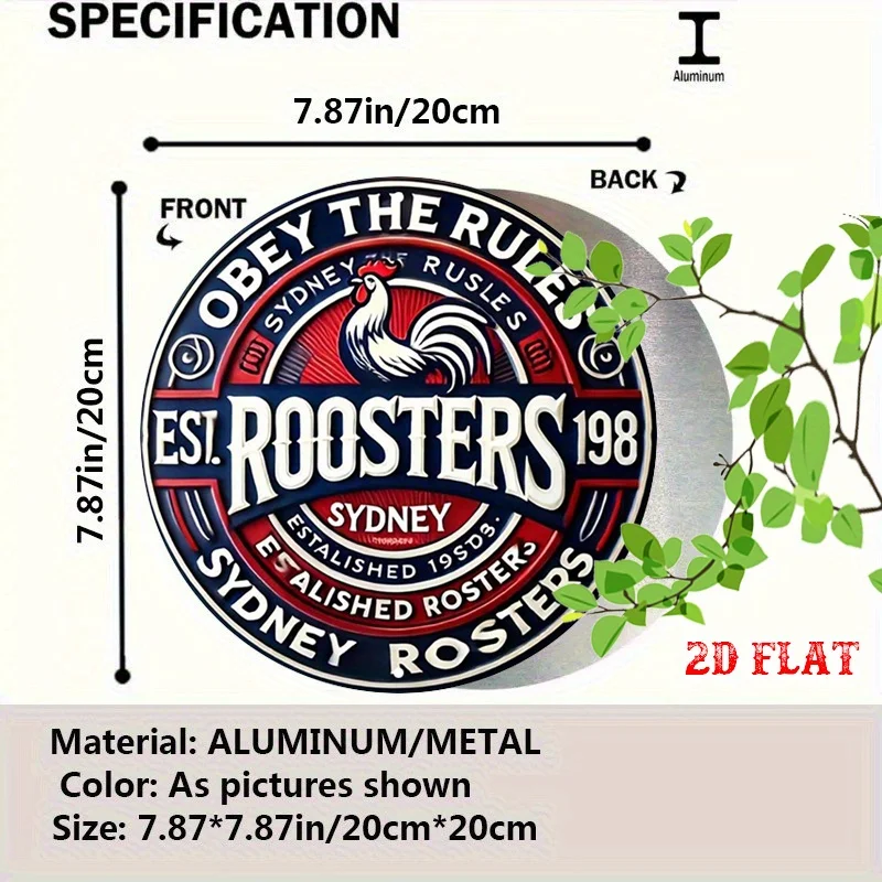2D Flat, 1pc Sydney Roosters Rugby Team Round Aluminum Sign - 7.87x7.87 Inch Rustic Metal Wall Art with Rooster Mascot, Bold Red