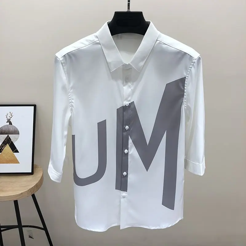 

Elegant Fashion Harajuku Slim Fit Ropa Hombre Loose Casual All Match Shirt Pointed Collar Printed Button Middle Sleeve Blusa