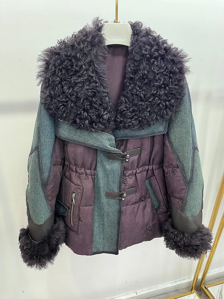 

2025 Goose Down Jacket Women Natural Lamb Sheep Fur Collar Warm Puffer Jacket Casual Luxury Parka Coat Outwear