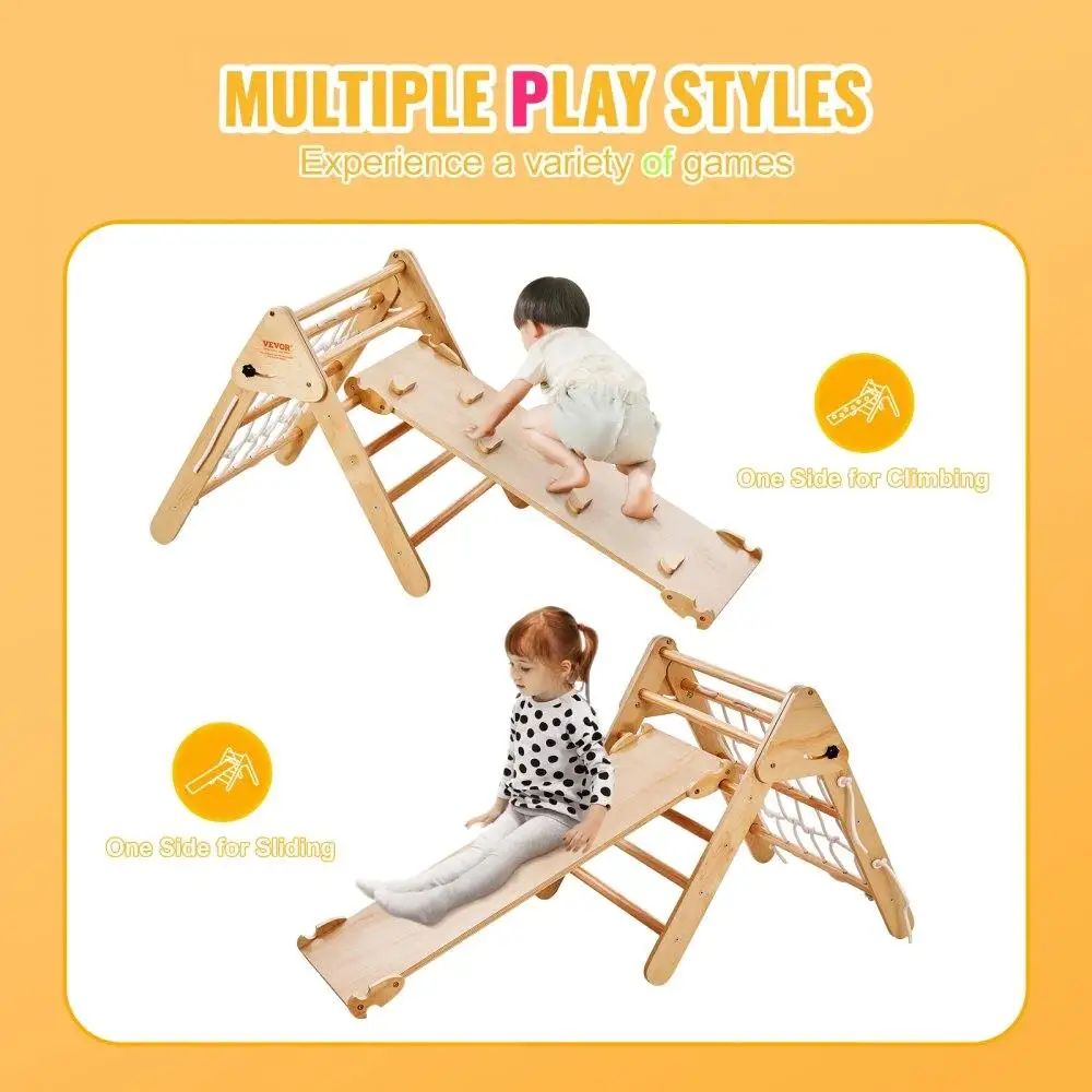 Wooden Pikler Triangle Climbing Gym 4 in 1 Indoor Playground for toddlers 1 to 3 Years Montessori Climbing Set Natural Color