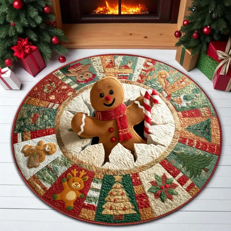 Round Rug, Poinsettia and Holly Berry Design with Gold Accents, Holiday Floor Mat for Living Room