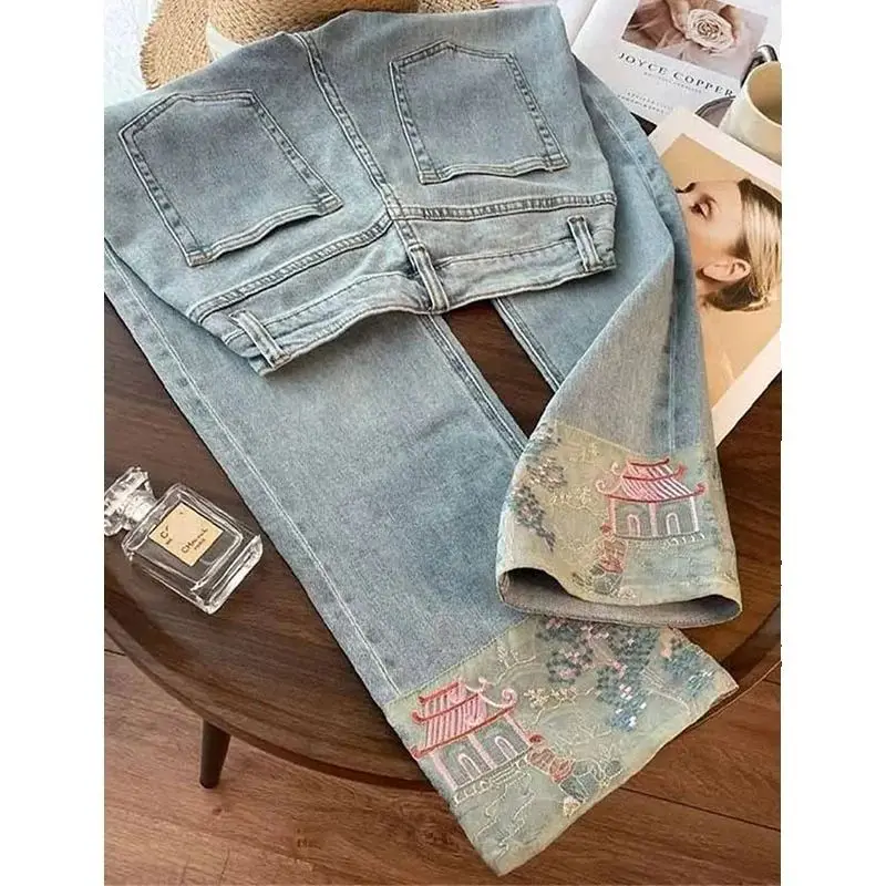 

Fashion Ladies New Denim Wide-Leg Pants Temperament Joker Jeans High Waist Straight Loose Joker Comfortable Denim Trousers