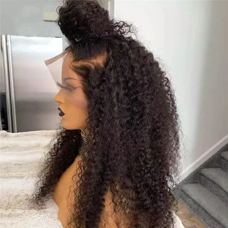 أسود غلويليس لينة طويلة 26 بوصة 180 الكثافة غريب مجعد الدانتيل الجبهة الباروكات للنساء Babyhair PrePlucked اليومية الاصطناعية