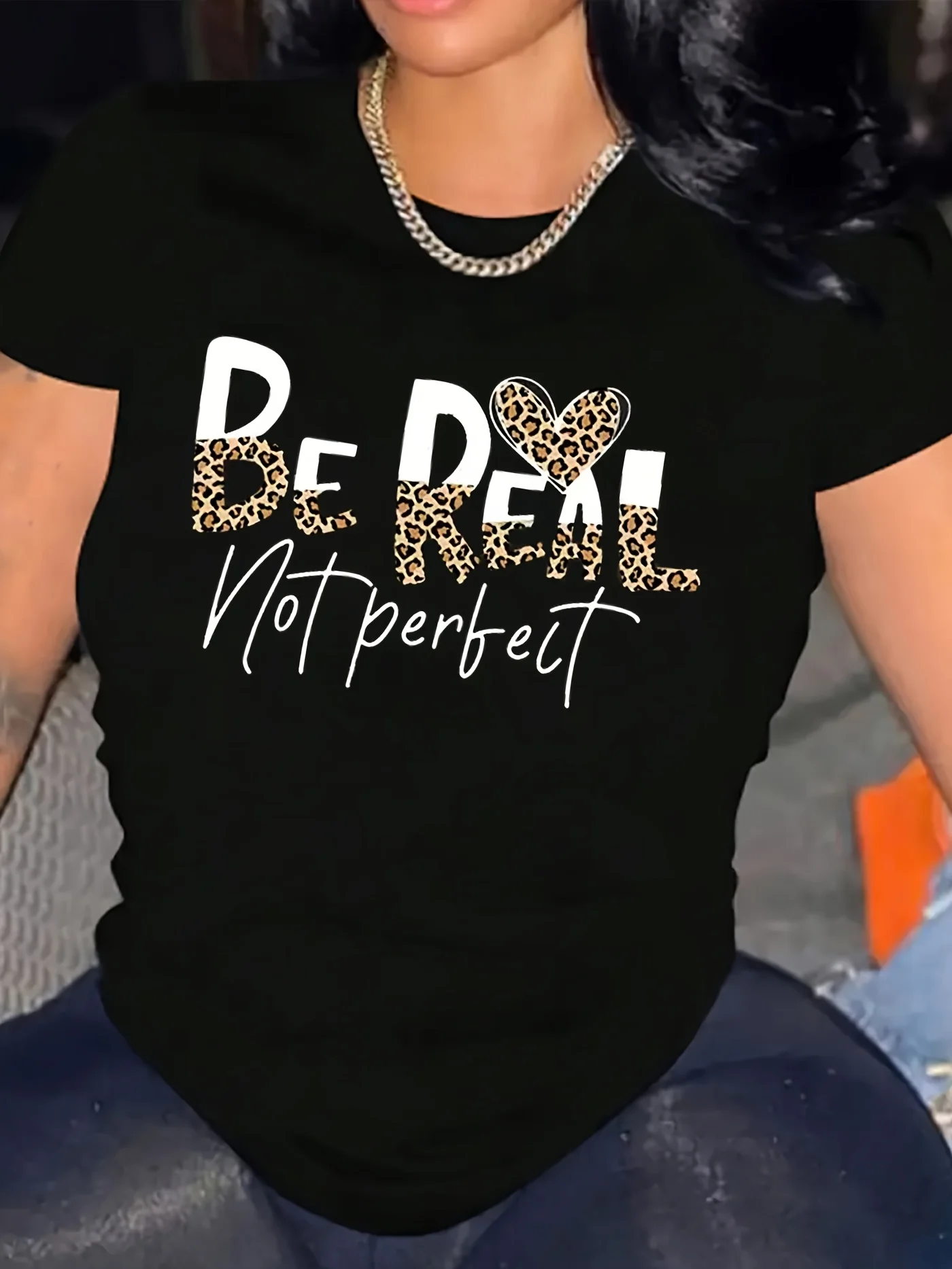 Be Real Not Perfect Women's Tee - Leopard Heart Graphic Black Top