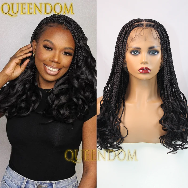 Synthetic Knotless Box Braids Wig with Curly Ends 18 Inch Full Lace French Curl Braid Wig Knotless Cornrow Crochet Braided Wigs