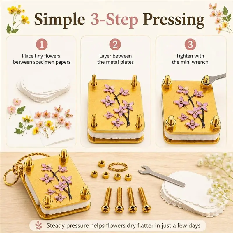AT43-Flower Preserving Tool- Mini Flower Press Keychain& Portable Micro Flower Press Kit Featuring 20 Reusable Specimen Papers