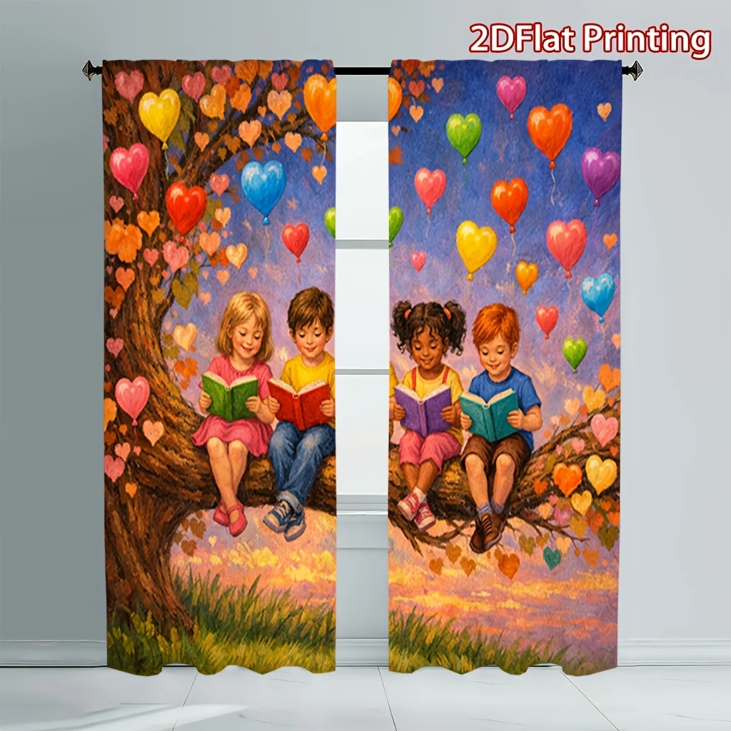 Children Reading on Tree Curtain, Colorful Heart Balloons Fantasy Window Drapes, Kids Room Nursery Decor
