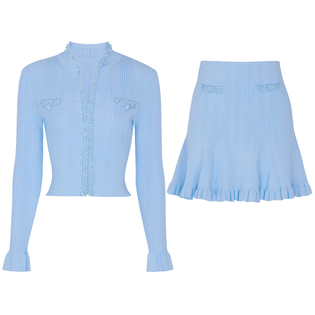 

Высокое качество, весенне-осенний новый модный темпераментный вязаный женский топ с длинными рукавами и v-образным вырезом из бисера, комплект из топа + юбки