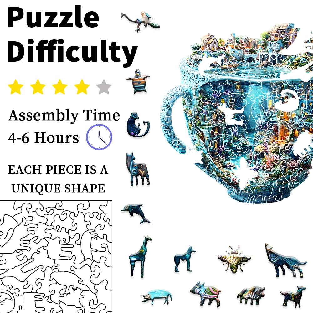 Magical Teacup World Wooden Jigsaw Puzzle with Unique Shapes Gifts for Friends
