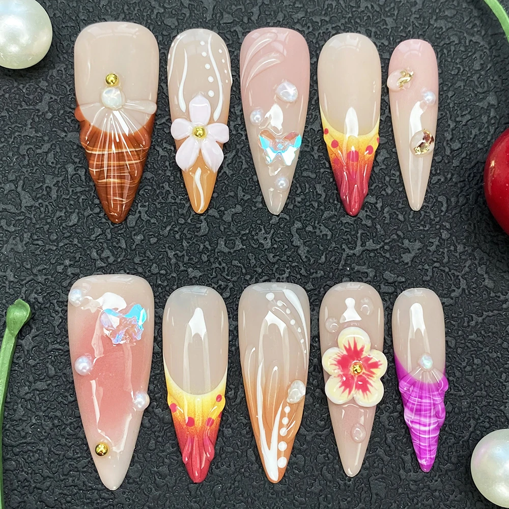 

3D-накладные ногти класса люкс с блестками, изысканный дизайн, 10 шт., полное покрытие, декорированные, ручная работа, УФ-гель, резные акриловые искусственные ногти