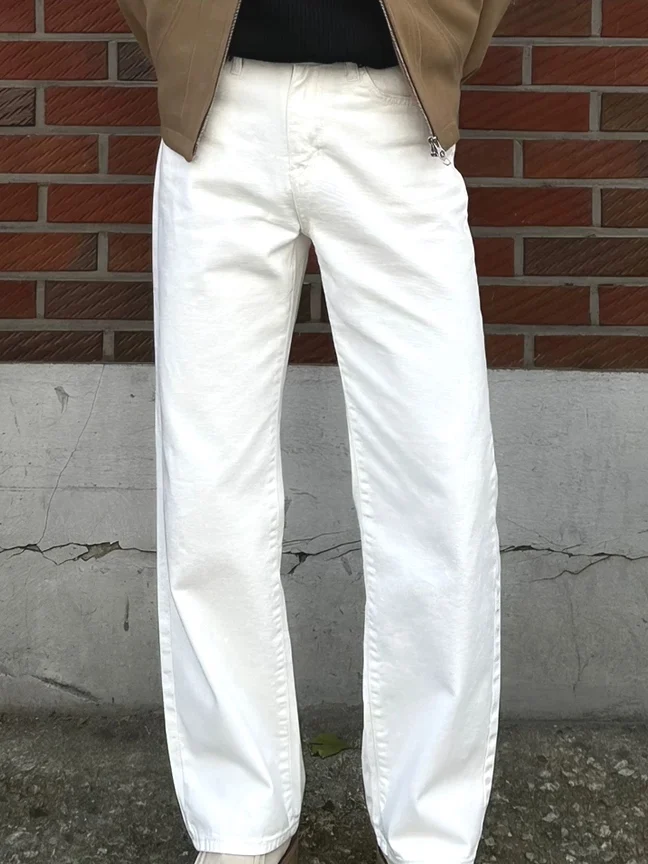 

White Casual Dad Jeans Men's High Street Loose Straight Leg Long Pants Workwear Trousers Trendy Heightening Slimming Effect