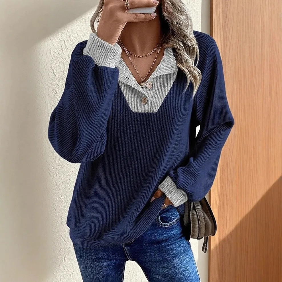 Women's New Fashion Color Block V Neck Hoodie Lapel Loose Pullover Elegant Commuter Versatile Comfort Casual Slim Fit Sweatshirt