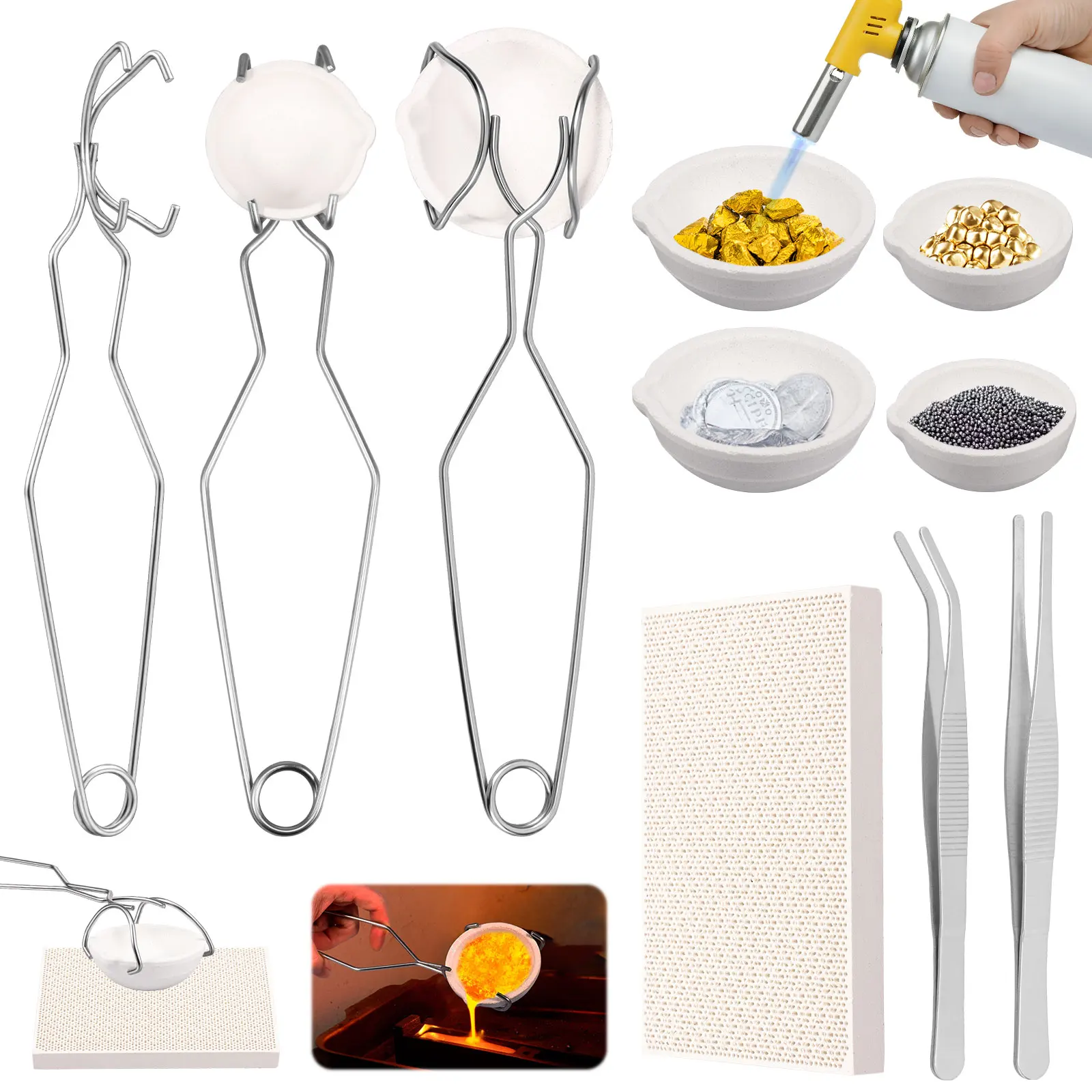 12 Pcs Crucible for Melting Metal Kit Gold Refining Silver Smelting Metal Casting Tool Kit with Tong Tweezers and Honeycomb Pads