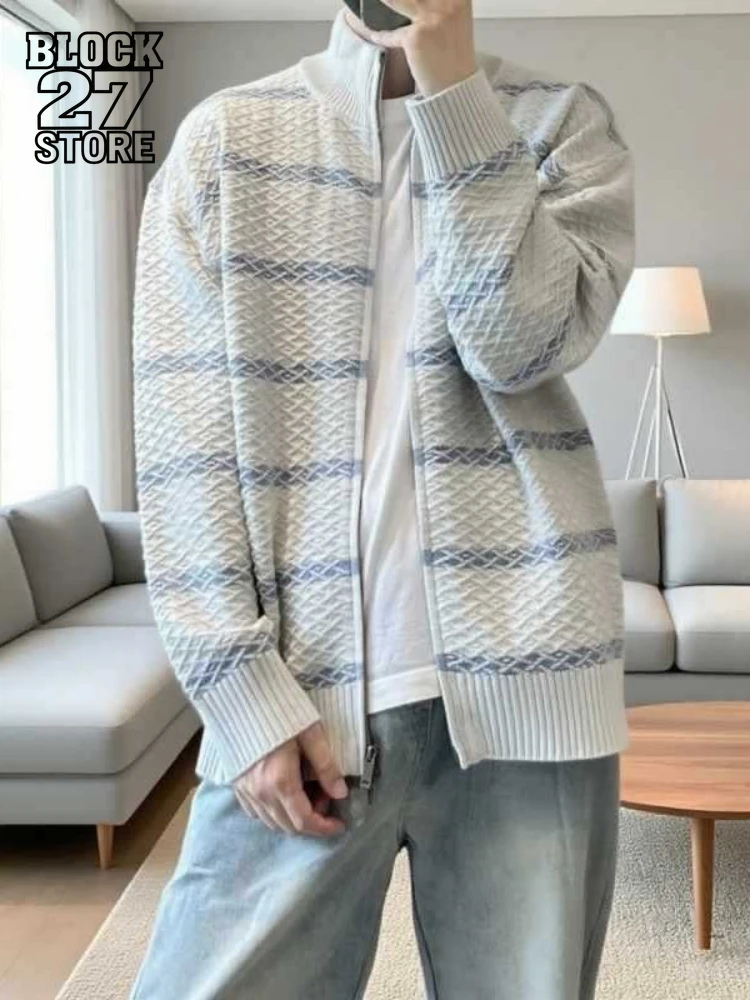 Mens Sweater Harajuku American Vintage Streetwear Striped Patchwork Stand Collar Knit Pullover Loose Fit Autumn Casual Trend New
