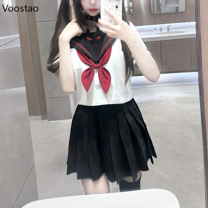 Japanese Kawaii School Girl Uniform Korean Style Sweet Cute Cosplay Little Devil JK Uniform Set Women Gothic Black Pleated Skirt