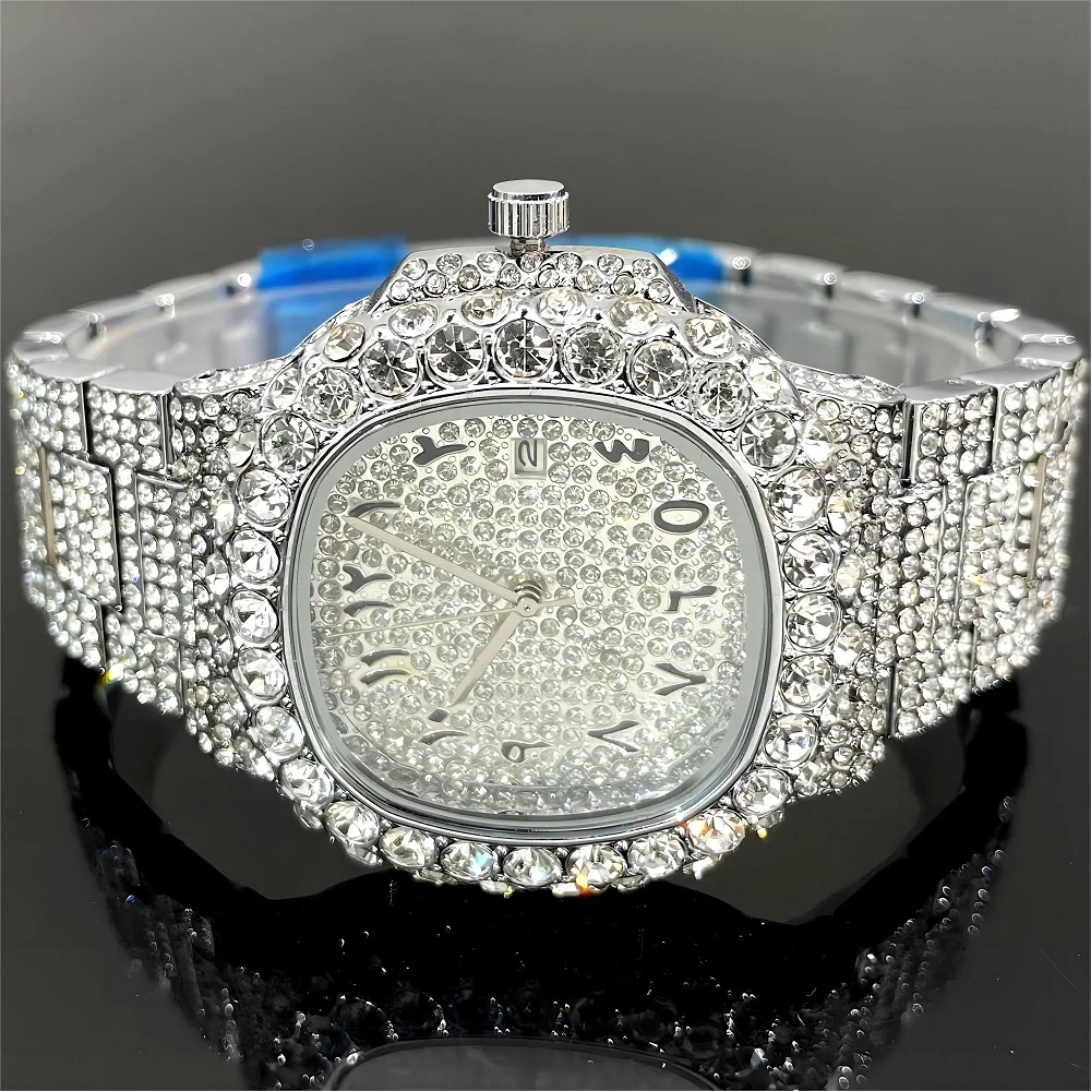 2024 MISSFOX Hip Hop Iced Watch For Men Fashion Big Diamond Jewelry Quartz Clocks Man Luxury Stainless Steel Wristwatch Hot Sell