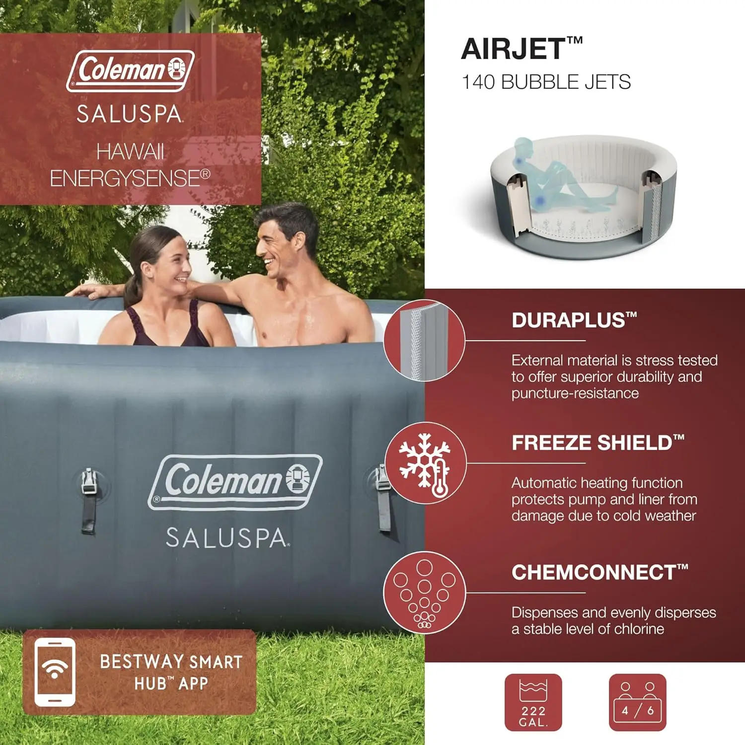 Coleman Hawaii AirJet Large Square 4 to 6 Person Inflatable Hot Tub Portable Outdoor Spa with 140 AirJets and EnergySense Cover,