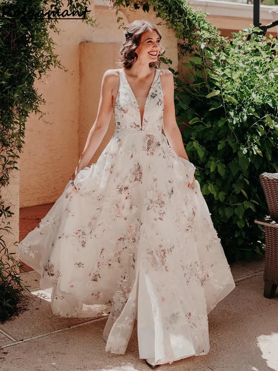 

Luxury Pearls Beading 3D Floral Lace A-Line Wedding Dresses V-Neck Backless Bridal Gowns Vestidos De Novia