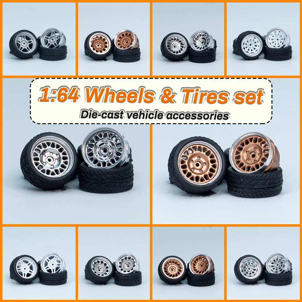 Kicarmod 1/64 Model Car Wheels 11mm Rubber Tires Metal Rims Axle Kit for Matchbox Car Refit Upgrade