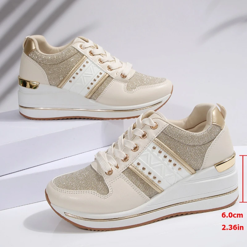 أحذية رياضية نسائية ذات نعل سميك، أحذية نسائية ذات تصميم ذهبي، أحذية رياضية كاجوال مريحة، أحذية كاجوال جديدة Zapatos De Mujer #4