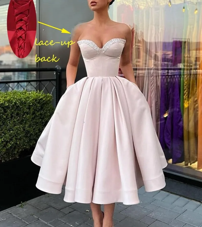 

2024 Women's Short Prom Dresses Ruched A-line Satin Sequins Gowns Tea Length Formal Evening Party Dress with Pockets Spring