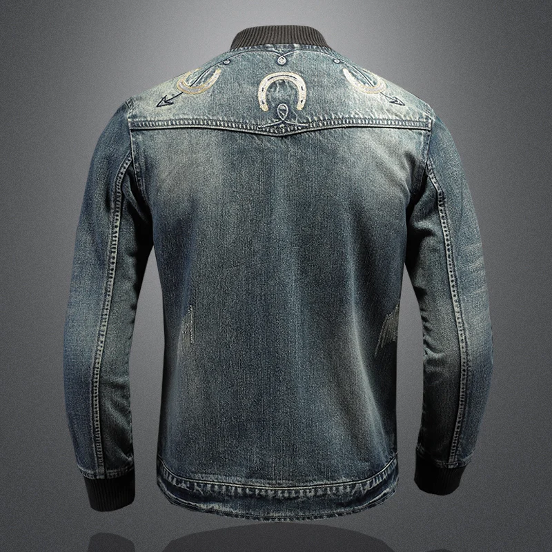 2025 Handsome Trend All-in-one Denim Jacket High Quality Fashion Casual Horseshoe Embroidery Vintage Boutique Style