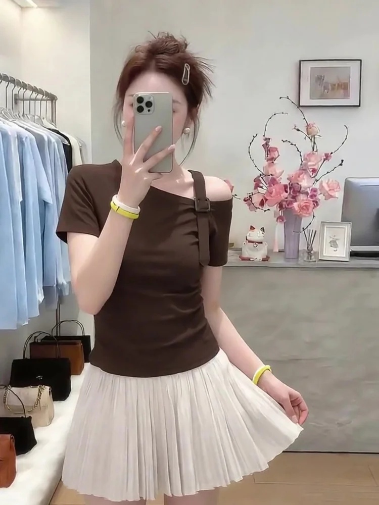 Café Brown Asymmetrical Shoulder Short Sleeve T-Shirt Women's plus Size Stylish Versatile Summer New Style Commute Fashion