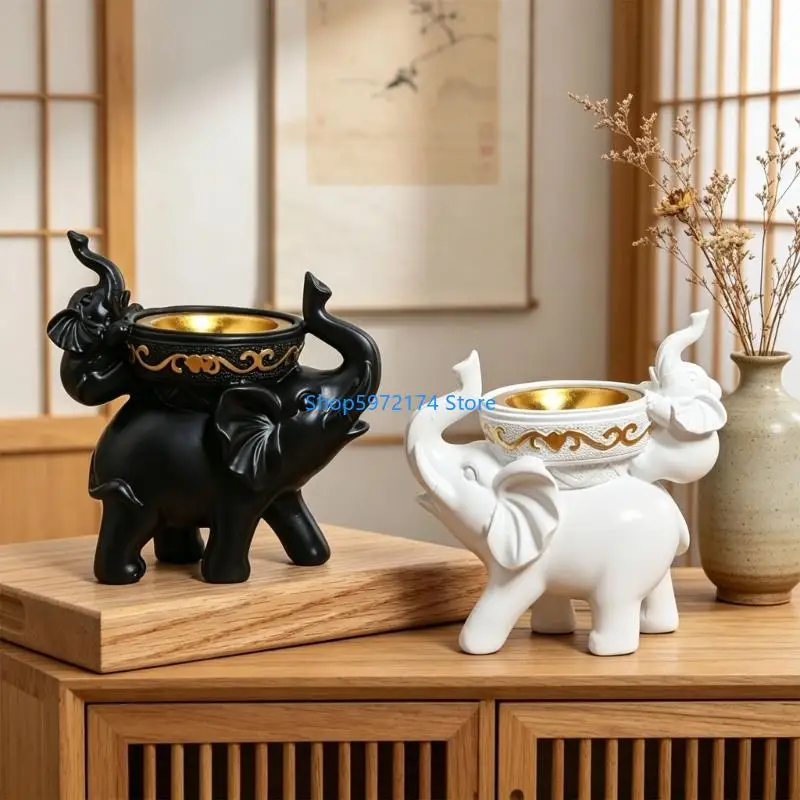 Y3NB Elephant Figurine Incenses Burners with Gold Bowl for Tabletop Shelf Styling