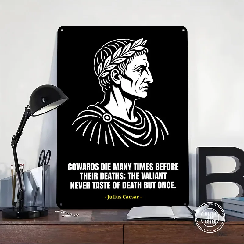 Julius Caesar Quote Portrait Black White 3D Texture Printed Poster Custom Vintage Metal Tin Plate Sign for Wall Art Office Decor